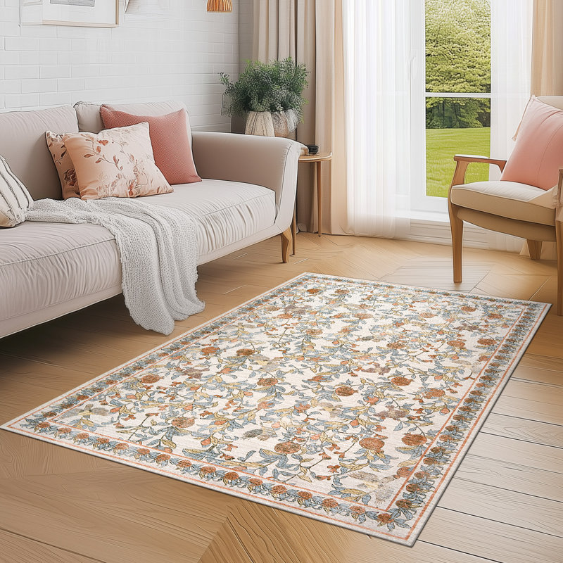 Eden Floral Rug Soft Vintage Fall Decor Washable Non-slip Distressed Orange, Distressed Orange, Rectangle 3' x 5'