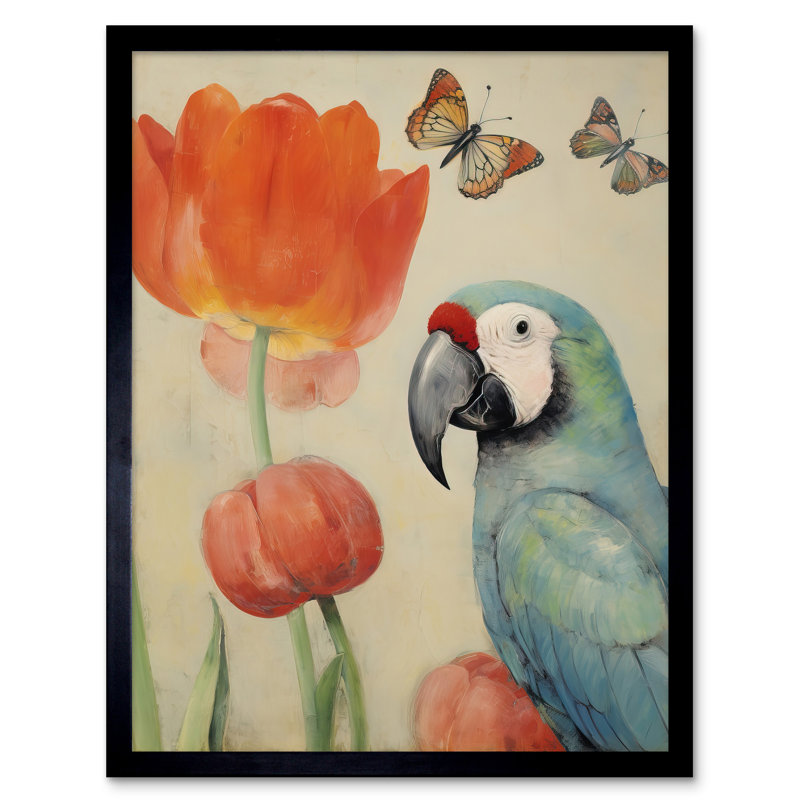 Parrot And Tulips Flowers Butterflies Pastel - Single Picture Frame Print