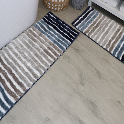 Bathroom Rugs Set of 2, Ultra Soft Microfiber Mats, Absorbent & Quick Drying, Non-Slip Rubber Backing, Machine Washable Bathroom Mats, Sink – 17x24, 21x54 Navy