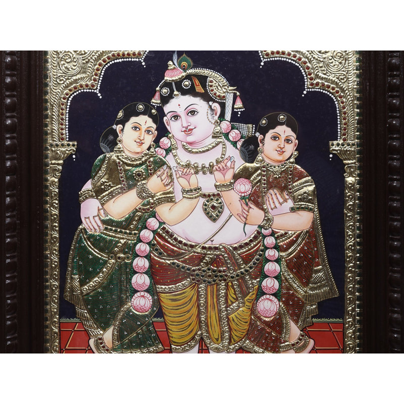 Lord Krishna avec Satyabhama Rukmani | Couleurs traditionnelles avec or 24 carats
