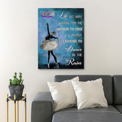 Ballet Girl in White Dancing in the Rain - Wrapped Canvas Textual Art