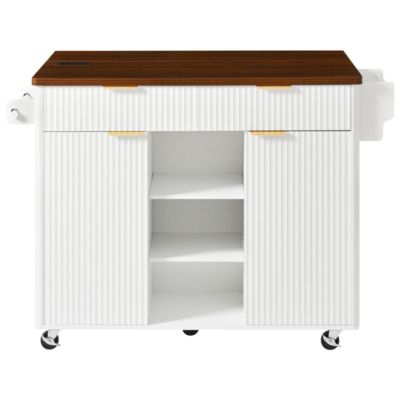 Îlot de cuisine cannelé de 52 po avec abattant, prise de courant, chariot de rangement de cuisine avec tablettes réglables, 2 portes et 2 tiroirs, table d'îlot roulant avec plateau de couleur noyer pour la cuisine, blanc