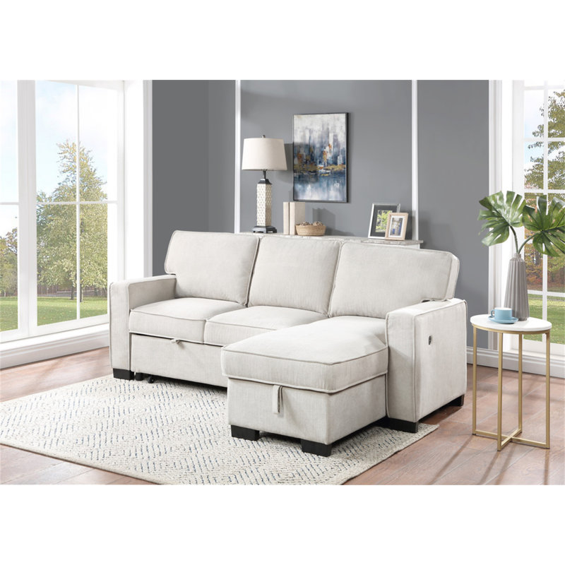 Estelle 86.5"  Fabric Reversible Sleeper Sectional With Storage Chaise Drop-Down Table 2 Cup Holders And 2USB Ports