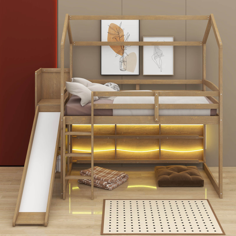 Twin Size Wood House Loft Bed With Shelves And Light, Wood Color