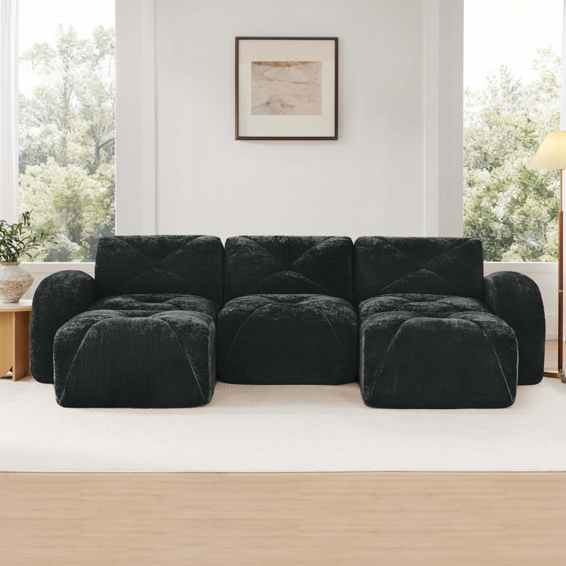 Canapé modulaire capitonné en U avec 2 repose-pieds Klyrith, sans assemblage requis, Velours noir