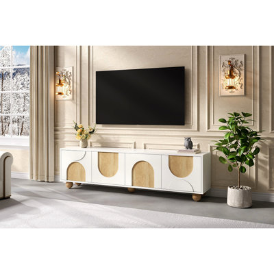 Farmhouse TV Stand With Cable Holes For Tvs Up To 75", Cream Style Media Console With Rebound Device, Elegant Entertainment Center With 5 Legs, 69.6"W