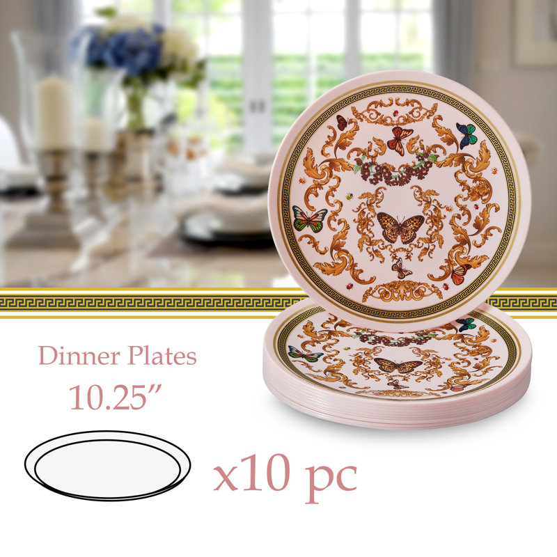 Blush Pink and Gold Butterfly Garden Plastic Dinner Plates Set