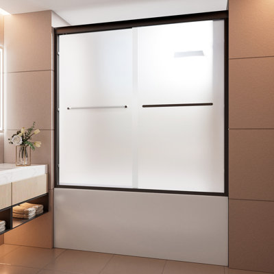 Porte de baignoire coulissante en verre trempé nano 1/4 po 60 po x 58 po avec poignées en acier inoxydable, noir mat