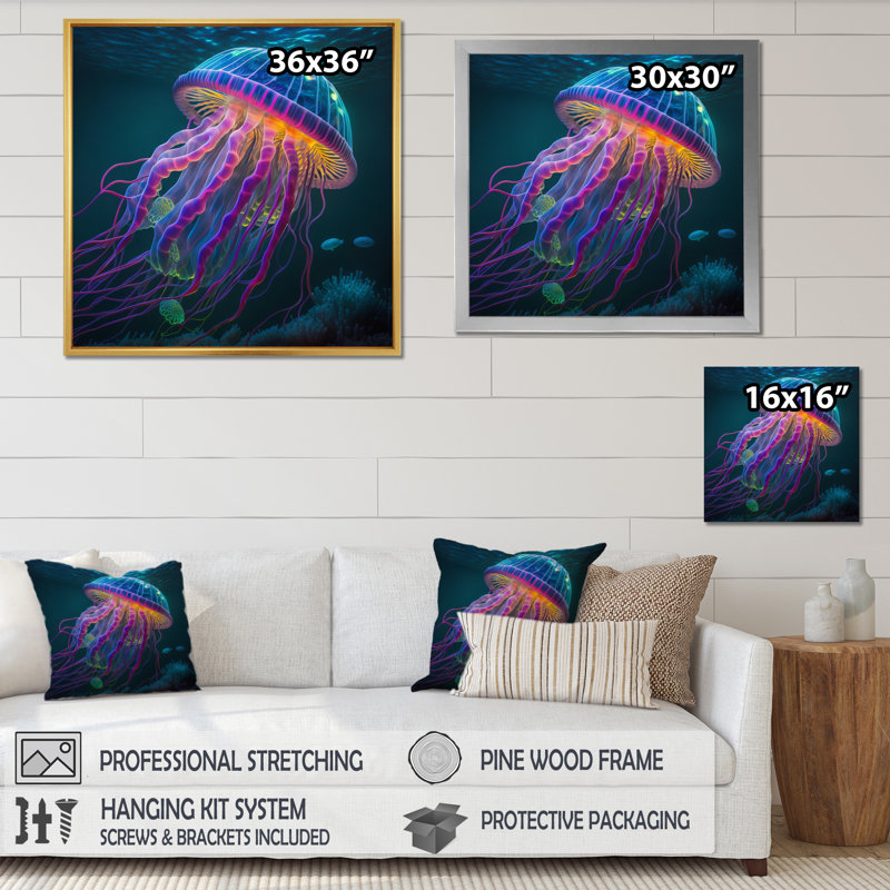 Radiant coloré méduse de mer profonde I, Cadre flottant blanc, H 30 po x l 30 po