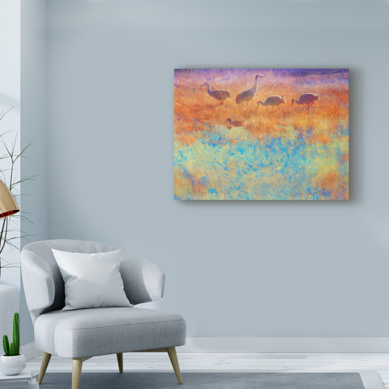 « grues à brume douce », reproduction de peinture à l’acrylique sur toile tendue, H 18 po x l 24 po x P 2 po