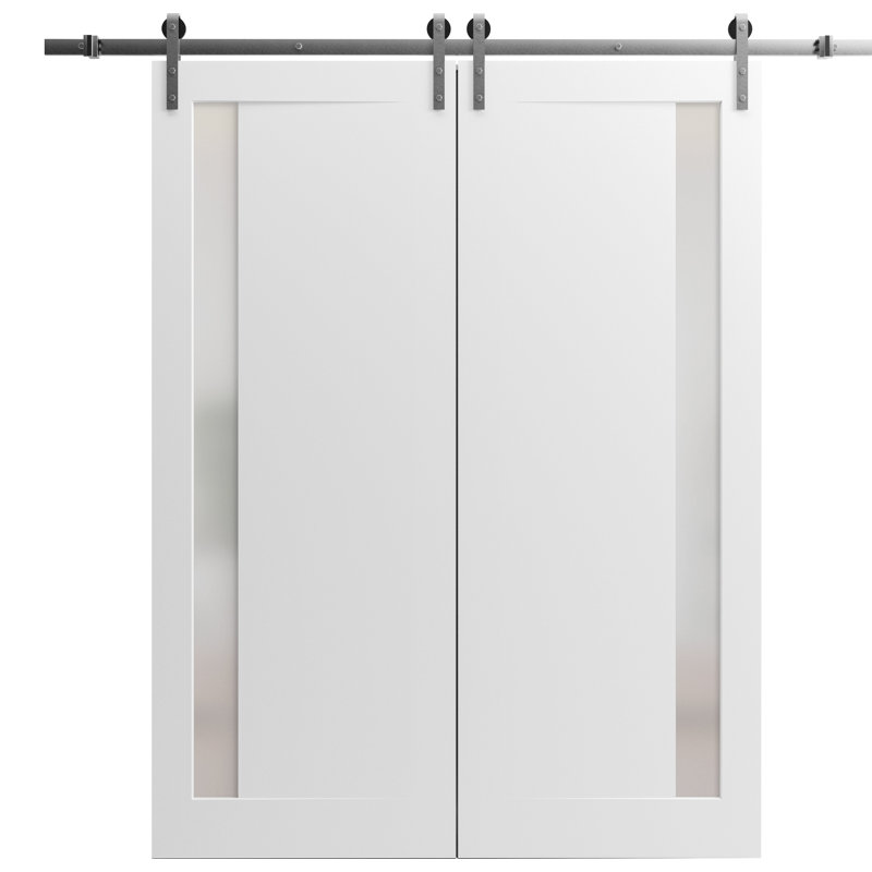 Porte de grange double robuste | Planum blanc peint avec verre givré 0660 | Ensemble de 13 cintres lourds pour rail | Portes intérieures solides
