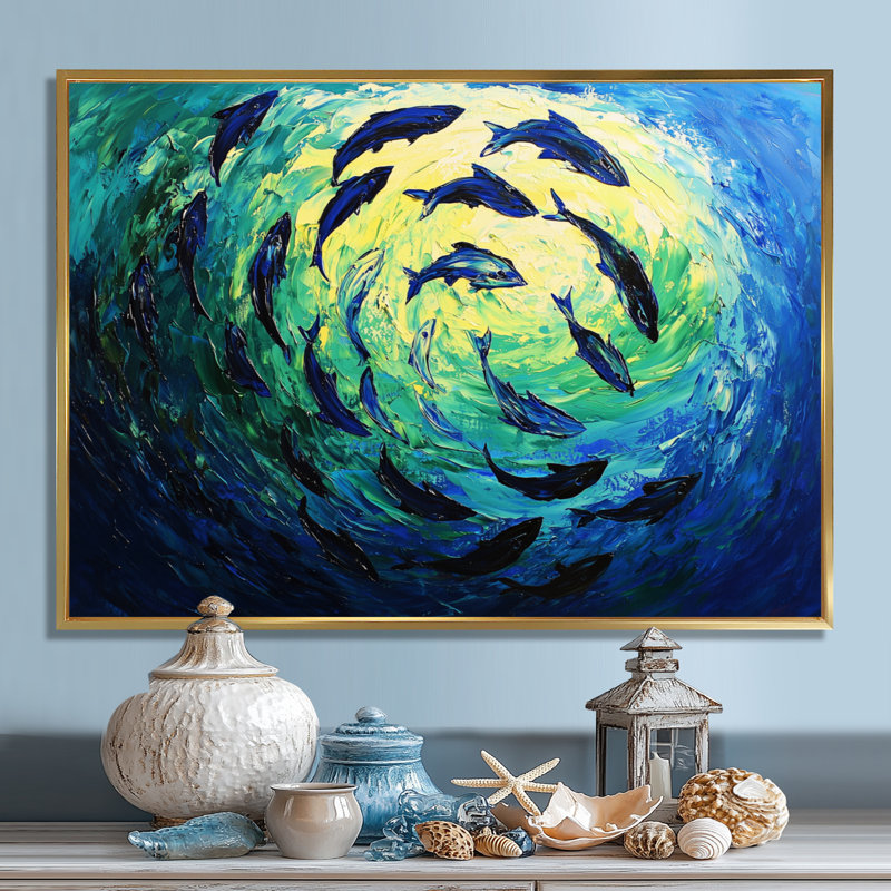 Tuna Fish Swimming - Shark Wall Art, 12" H x 20" W, Floater Framed Print, Gold