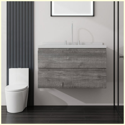 Meuble-lavabo flottant 36 po avec lavabo 36 po, porte à fermeture douce, comptoir et dosseret en marbre de culture blanc Carrara 2 po, contreplaqué, gris