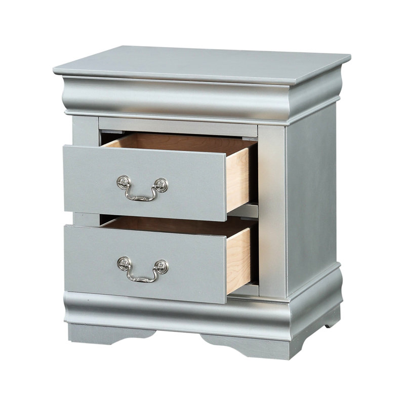 Table de chevet à finition platine avec tiroir à fonctionnement en douceur - Chambre à coucher Iii dans un meuble élégant et pratique 2 tiroirs Mécanisme de glissement facile Fabrication de matériaux solides Poignée en nickel élégante de couleur argentée, 22,13 po