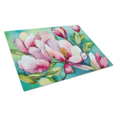 Louisiana Magnolias in Watercolor Glass Cutting Board Large