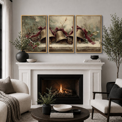 Tableau vintage de cloches de Noël, décor de salon, impression giclée sur toile encadrée, ensemble de 3 pièces - 40,6 x 61 cm (x3 pièces), 61 x 91,4 cm (x3 pièces)