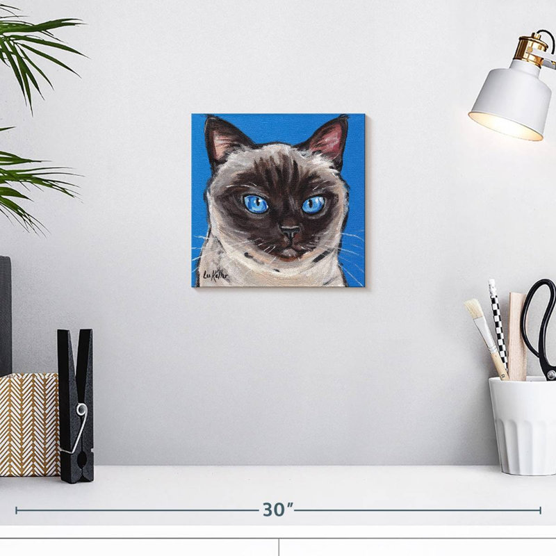 Chat siamois sur fond bleu, H 10 po x l 10 po