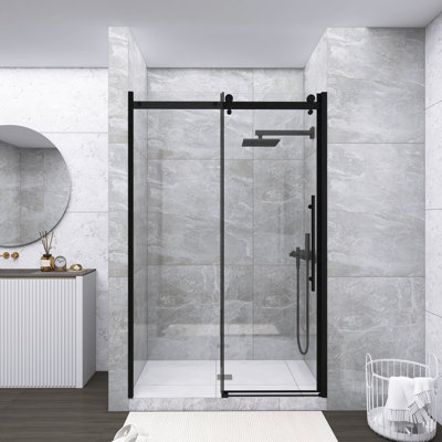 Porte de douche coulissante simple sans cadre noire, 48 x 72 po, verre trempé 1/4 po avec système de rail à roulement en zinc
