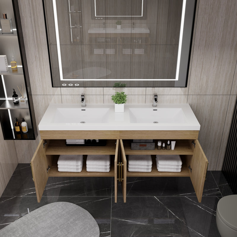 Romer 59''Wall-Mounted Double Bathroom Vanity Set, White Oak