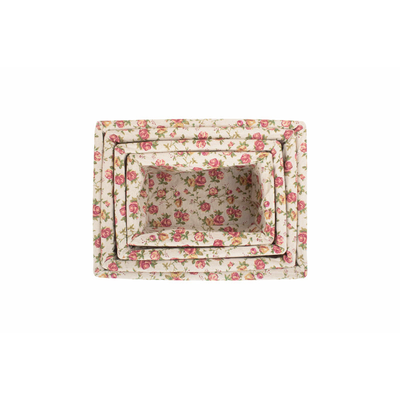 4 Piece Wicker Storage Basket Set with Garden Rose Lining, Antique