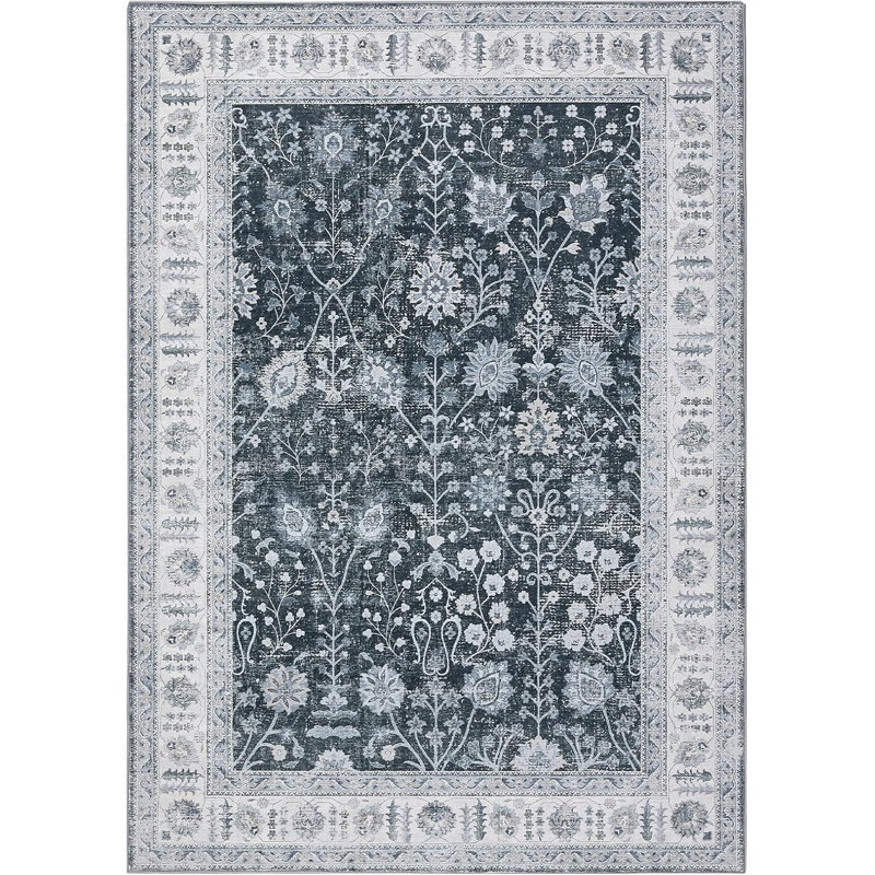 Vintage Floral Medallion Runner Rug - Machine Washable Waterproof Soft Faux Wool Non-Slip Low Pile Kid & Pet Friendly Décor (Black)