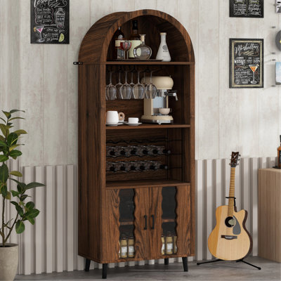 Armoire bar 71 po H Farmhouse: grande armoire arquée, armoires à vin et café, station de whisky avec support à vin et porte-verres à vin - armoire à boissons alcoolisées pour le salon, noir