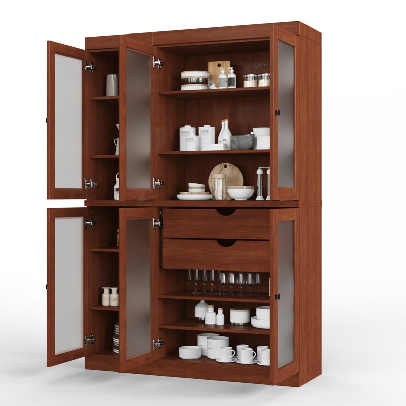 100% Solid Wood 48.5" Pantry Cabinet with Frosted Glass Doors, 2-Drawers and Adjustable Shelves, Mocha