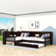 Lit plateforme simple en L avec lit gigogne simple et tiroir de rangement, tablettes