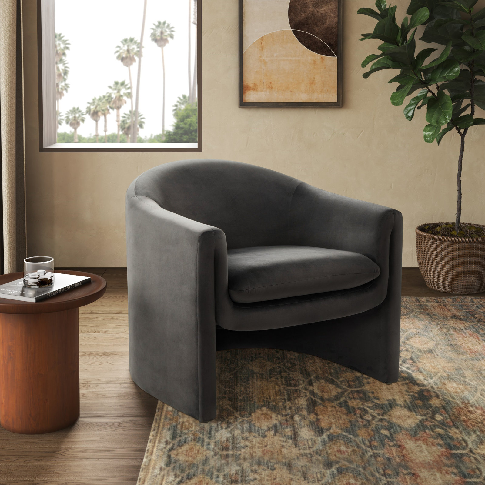 Pollman Barrel Chair, Dark Grey Velvet