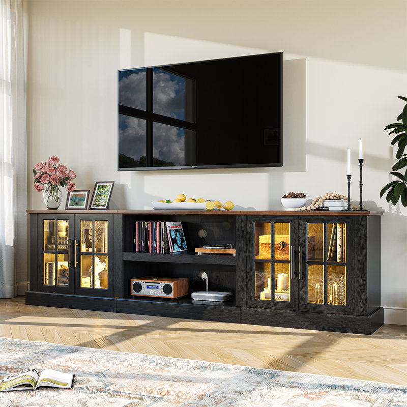 80" Farmhouse TV Stand With LED Light, Glass Cabinet & Open Shelves, Fits Tvs Up To 90", 26.8"H x 80.4"L x 15"W, Black