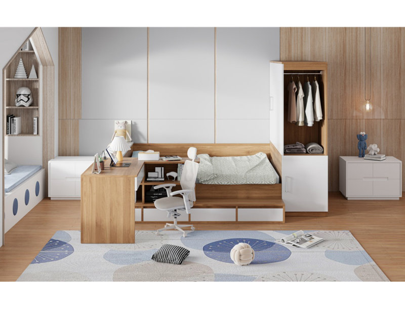 Lit plateforme double en bois avec 6 tiroirs, tablettes et coiffeuse, Brun