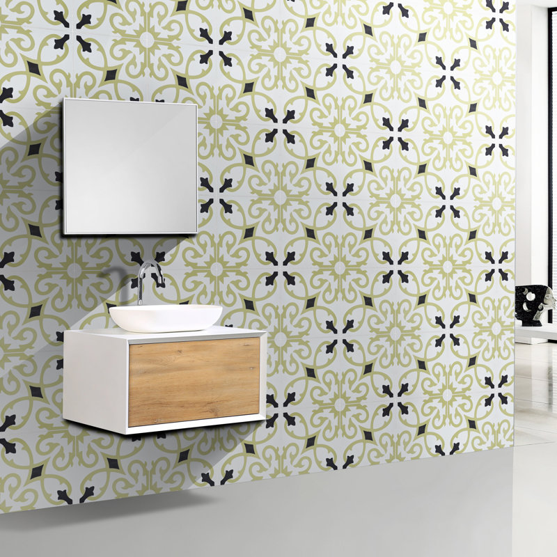 Agadir 8" x 8" Cement Patterned Wall & Floor Tile, White/Gold/Black