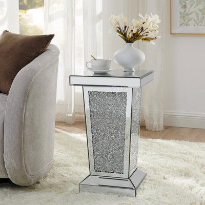 Table de bout en miroir argentée avec incrustation de cristal, table d'appoint moderne, table d'appoint, petite table basse carrée pour le salon, la chambre à coucher, le bureau, le couloir, le vestibule. L 13,8 po x P 13,8 po x H 23,6 po