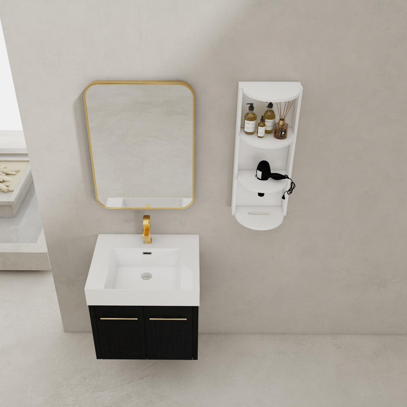 Meuble-lavabo mural avec lavabo et support de rangement, bassin en résine à bords épais, ensemble KD, Au centre, 24"