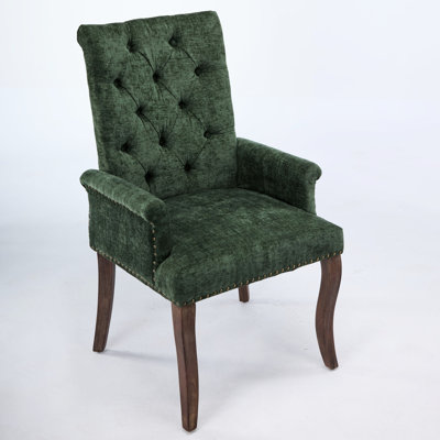 Olive Chenille Upholstered Arm Dining Chair With Hand - Folded Diamond Shaped Buttons And High Resilience Foam, Curved Solid Rubberwood Legs For Style Single Back Stitched Buttons, Stability