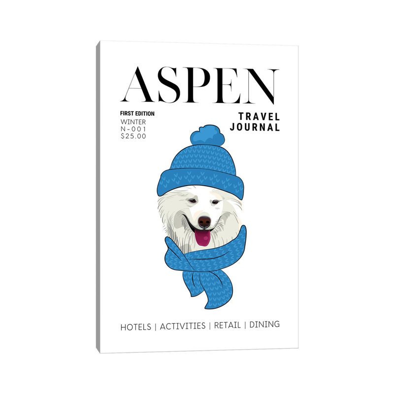 Aspen Travel Journal Magazine Cover With Winter Dog In Scarf by Design Harvest - Wrapped Canvas Print
