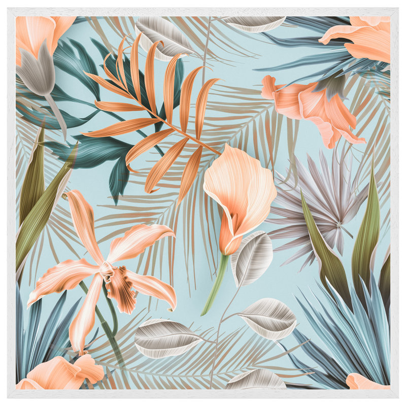 Aamori Pink Tropical Flowers - Single Picture Frame Print, 76cm H x 76cm W x 4cm D, White Framed