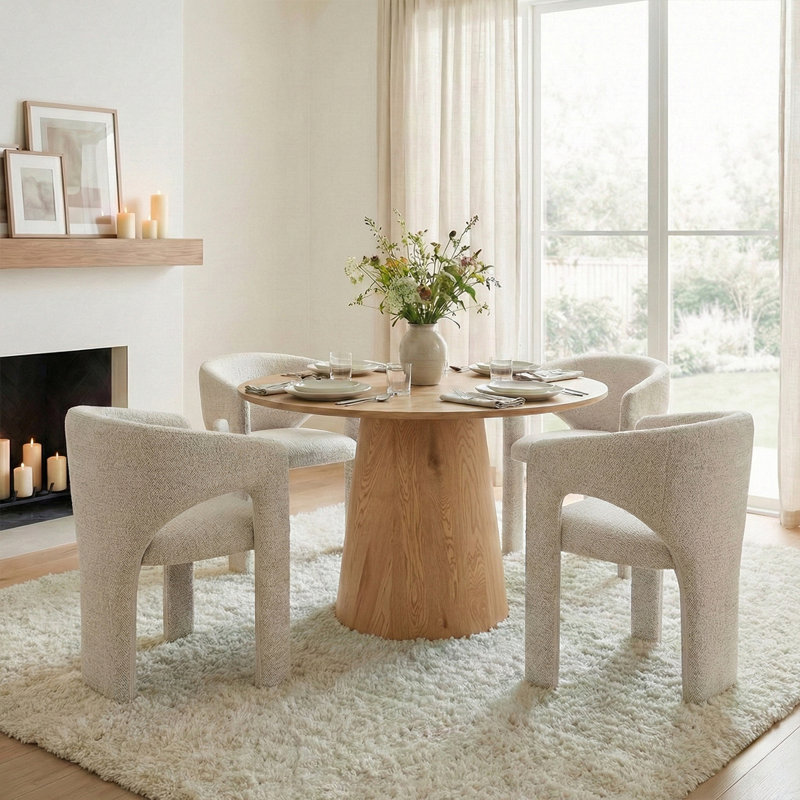 Ensemble de salle à manger 5 pièces avec table à piédestal moderne 46 po et chaises demi-tonneau rembourrées, Chêne