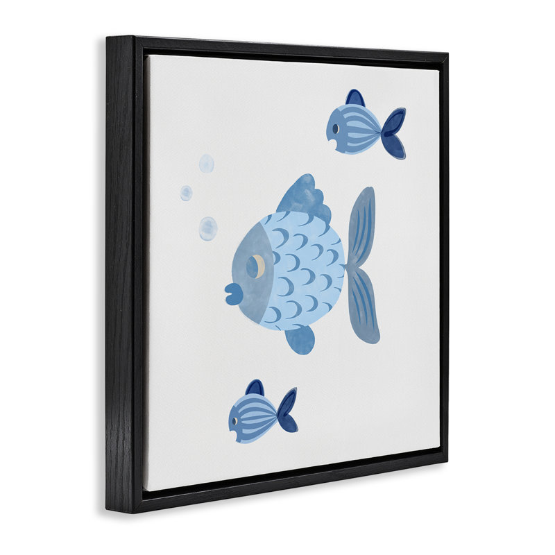 «Minimal Blue Fish» par Carrie Cantwell, Cadre flottant noir de jais, H 18 po x l 18 po