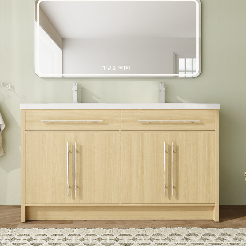 Meuble-lavabo double autoportant 60 po avec plateau en résine et portes à fermeture en douceur 60 po, 60"