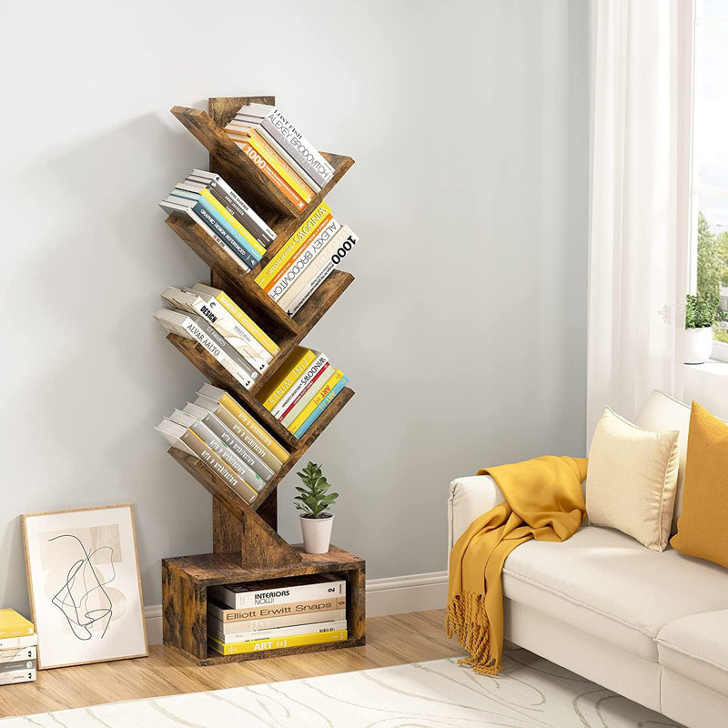 Vintage 6-Tier Tree Bookshelf With Drawer - Waterproof & Scratch Resistant, Walnut