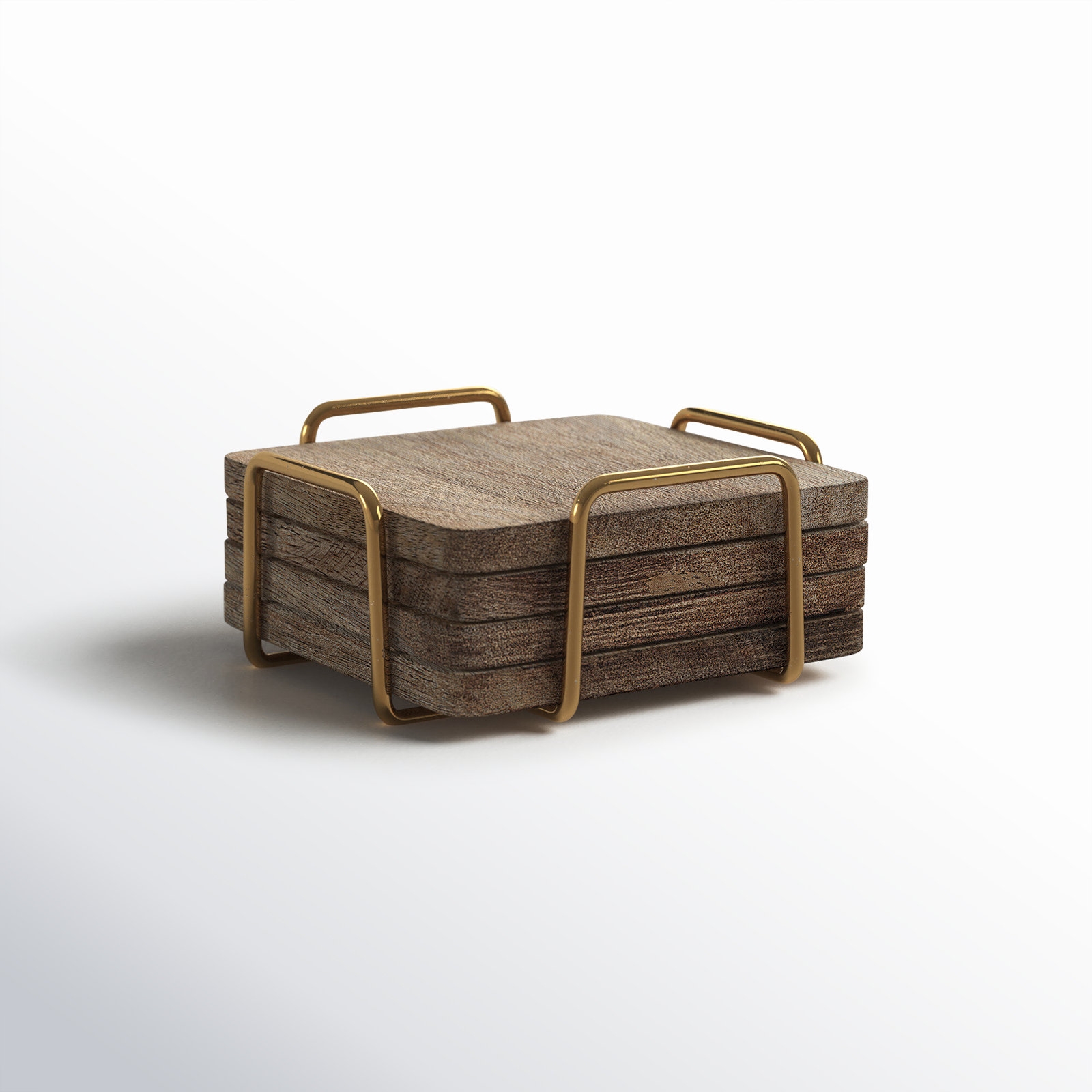 Wallis Godinger Wooden Coaster Set with Holder, Burned/Gold