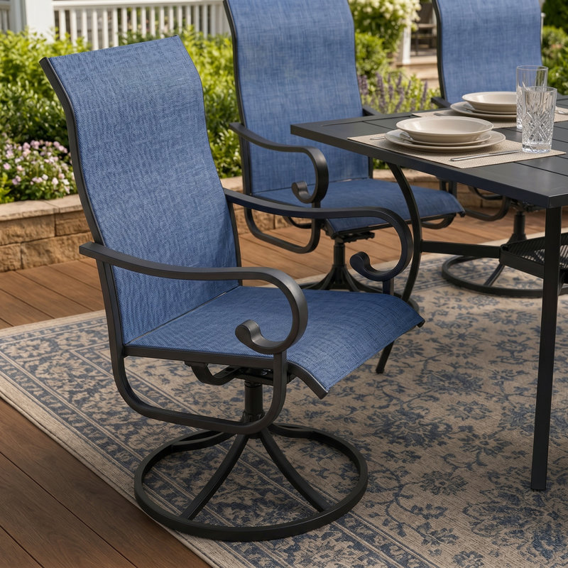6-Person Rectangular Patio Dining Set With 360° Swivel Textilene Chairs, Blue
