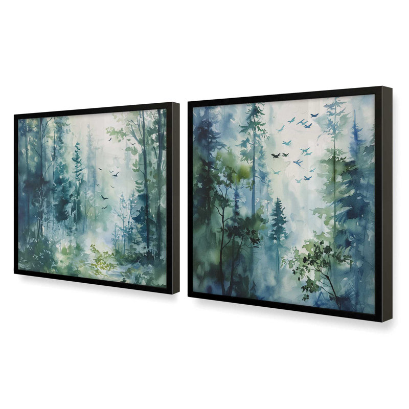 "Forêt enchantée bleue et verte", Noir satiné, H 13,75 po x l 13,75 po
