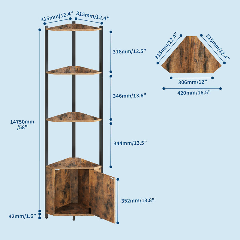 Étagère d'angle à 5 niveaux, support de rangement moderne et peu encombrant avec portes, Brun
