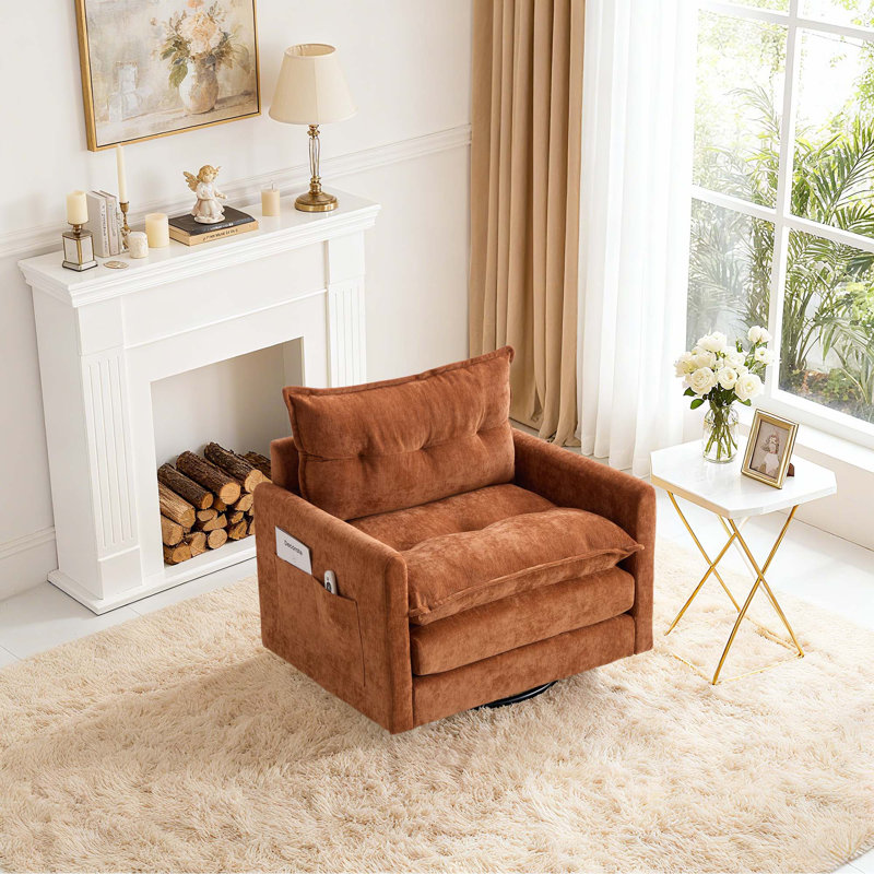 36" Chenille Upholstered Single Swivel Chair, Brown