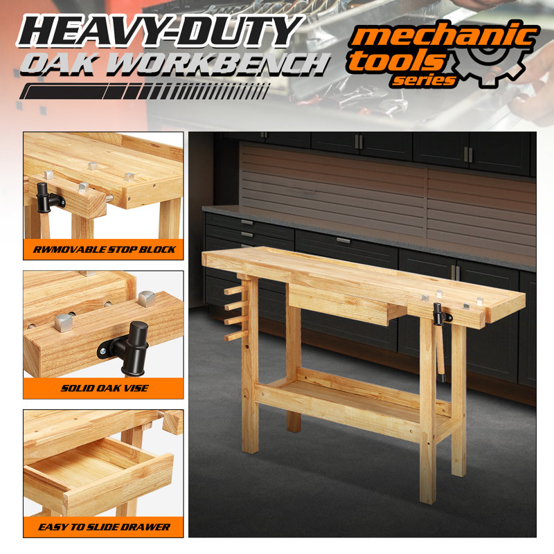 60" Heavy Duty Wood Workbench Work Bench Table With Drawer And Adjustable Handle For Workshop Garage