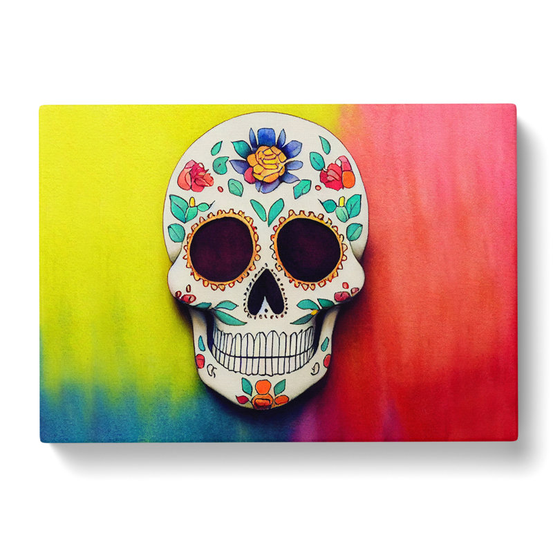 XXX-H1022-WF-360X A Decorated Floral Sugar Skull - Wrapped Canvas Print, 35cm H x 50cm W x 3cm D