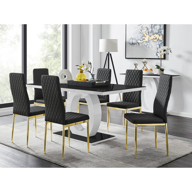 Scottsmoor Modern High Gloss Halo 6 Seater Dining Table Set with Luxury Faux Leather Dining Chairs, Black