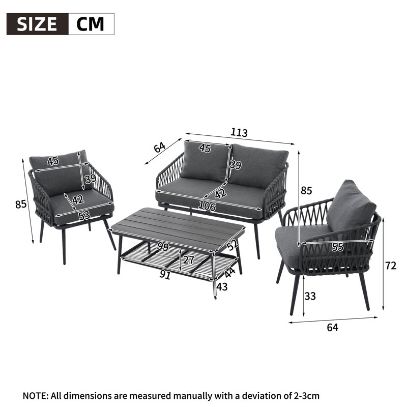 Outdoor Conversation Set 4 Places With 1 Sofa, 2 Chairs And 1 Coffee Table, Grey, Grey